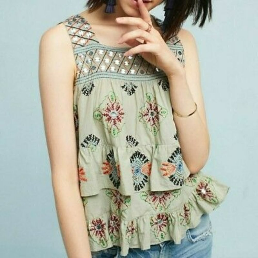 Anthropologie Moulinette Soeurs Lia Green Embroidered Tank Top S